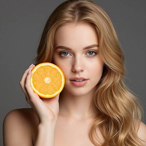 Photograph of a fair-skinned, blue-eyed blonde woman with wavy hair, holding a halved orange against her cheek, against a gray background