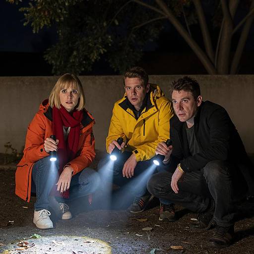 Crouching Figures with Flashlights at Night