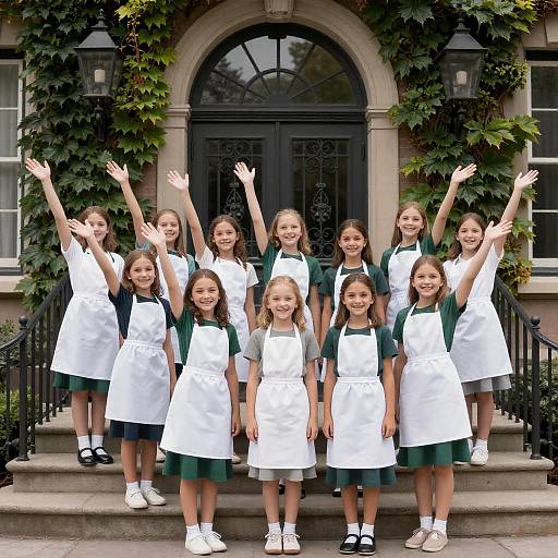 Cheerful Girls in Green Dresses on Steps