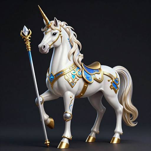Digital illustration of a white unicorn with gold and blue ornate armor, holding a silver and blue staff, standing against a dark gradient background.