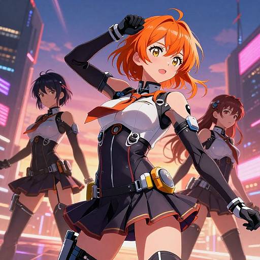 Digital anime artwork of three female characters in futuristic, black-and-white outfits with orange, black, and brown hair, standing in a neon-lit city