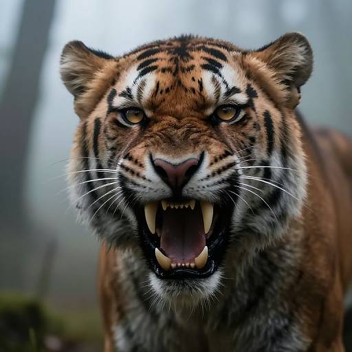 Close-up photograph of a fierce, roaring Bengal tiger with sharp fangs, yellow eyes, and detailed orange and black striped fur, set against a blurred