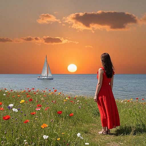 Photograph of a woman in a red dress standing on a flower-filled grassy hill, watching a sailboat at sunset over the ocean.