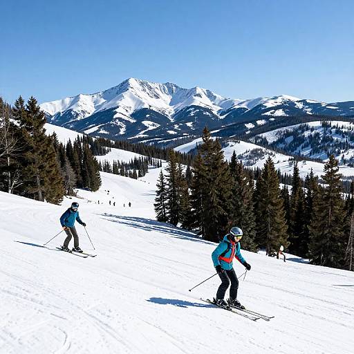 Photograph of two skiers in blue and green jackets, black pants, and helmets, skiing on a snowy slope with snow-covered mountains and evergreen
