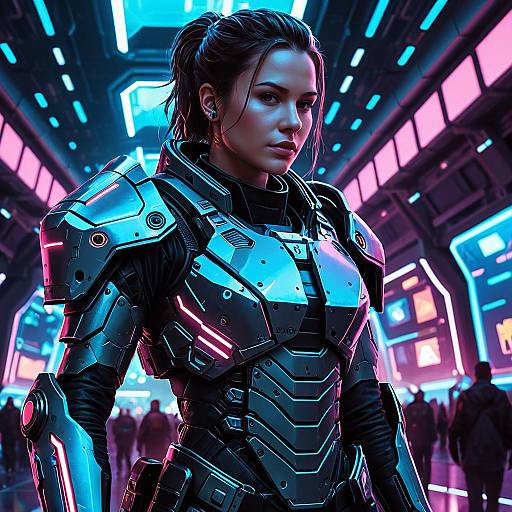 Cybernetic Mercenary in Neon-Lit Spaceport