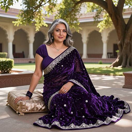 Photograph of a smiling Indian woman with silver hair, wearing a dark purple saree with silver embroidery, sitting on a cushion in a sunny courtyard with