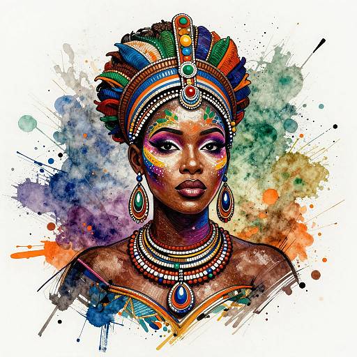 Vibrant digital painting of a dark-skinned African woman with colorful headdress, elaborate jewelry, and bold makeup against a splattered watercolor background