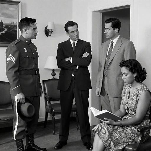 Black and White Photo of Group with Military Officer and Woman Reading