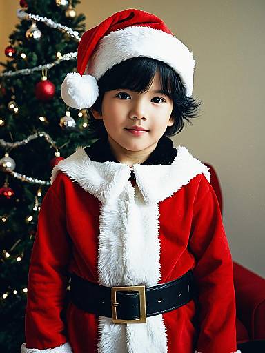 Photograph of an Asian child with black hair, wearing a red Santa outfit with white fur trim, black belt, and Santa hat, standing in front