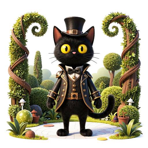 Digital illustration of a black cat in a Victorian-style black suit and top hat, with bright yellow eyes, standing in a whimsical garden with twisted vines