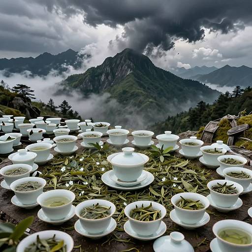 Photograph of white teacups filled with green tea leaves on a mountain terrace, surrounded by misty, cloud-covered mountains and evergreen trees.
