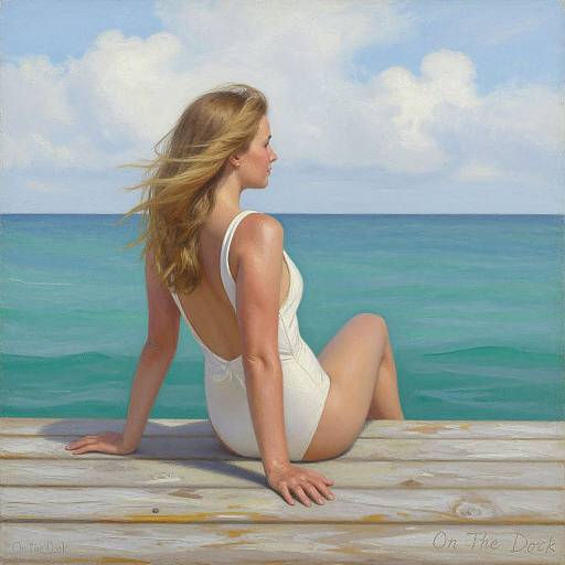Photograph of a blonde woman in a white one-piece swimsuit, sitting on a wooden dock, gazing at the turquoise ocean under a blue sky