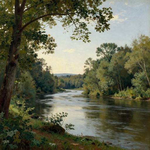 Photograph of a serene river winding through a dense, lush forest with tall trees, bright green foliage, and a reflective, calm water surface under a