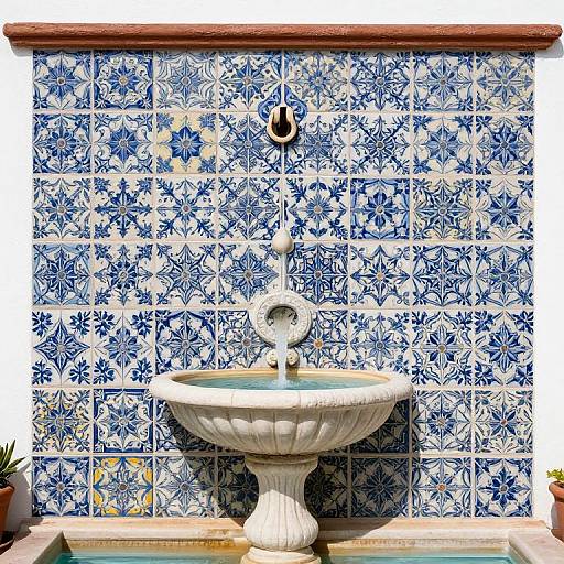 Photograph of a white ceramic fountain set against a blue and white floral patterned tile wall, with a small black keyhole above.