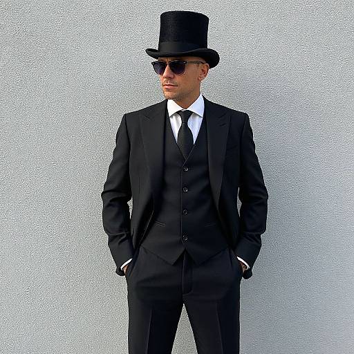 Photograph of a tall, slim man in a black suit, white shirt, black tie, black top hat, and sunglasses, standing against a white
