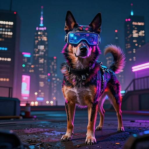 Digital artwork of a futuristic German Shepherd wearing VR goggles, illuminated by neon city lights with skyscrapers in the background.