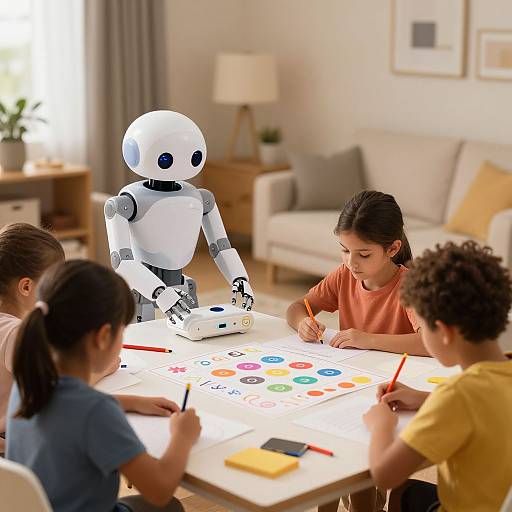 Cozy Home with Robot Helper and Kids