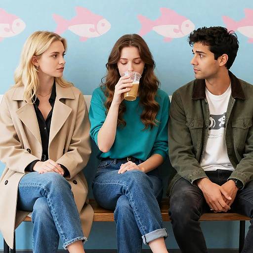 Casual Trio on Colorful Bench Scene