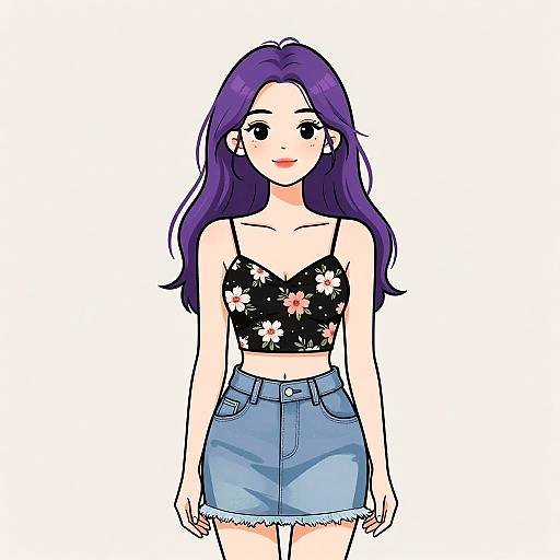 Digital anime-style drawing of a young woman with long purple hair, wearing a black floral crop top and blue high-waisted denim skirt.