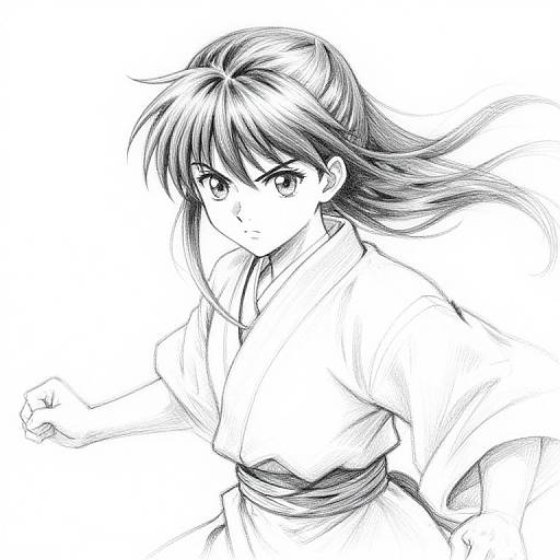 Black-and-white anime-style digital drawing of a determined young woman with long hair, wearing a traditional kimono, mid-action pose, looking forward.
