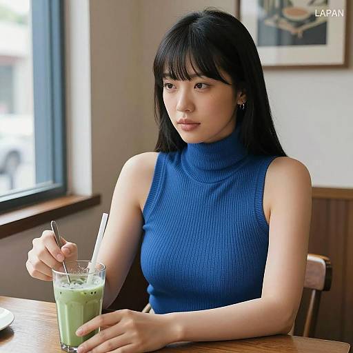 Serene Asian Woman at a Wooden Table