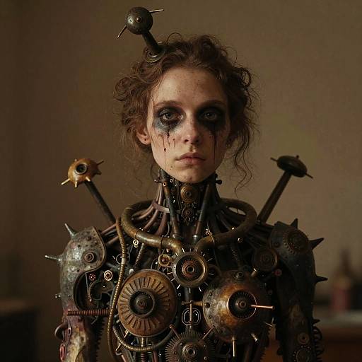 Steampunk-inspired photograph of a pale, curly-haired woman with dark, smudged makeup, wearing a clockwork, gear-filled, mechanical armor