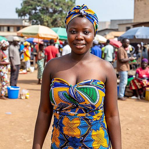 Photograph of a smiling African woman with dark skin wearing a vibrant, colorful strapless dress and matching headscarf, standing in a bustling outdoor market