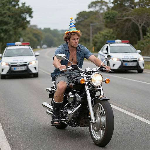 Photograph of a shirtless, curly-haired man in a blue party hat and denim shirt riding a motorcycle on a highway, flanked by two police