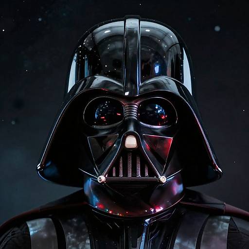Photograph of Darth Vader's iconic black helmet and mask, illuminated with blue, red, and white lights against a dark, starry background.