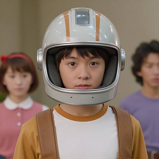 Photograph of an Asian boy wearing a retro silver motorcycle helmet with orange stripes, brown suspenders, and a white shirt, standing in front of two