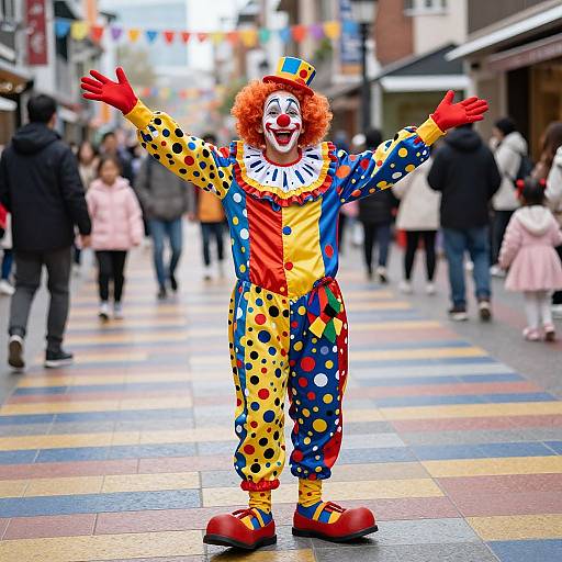 Photograph of a vibrant clown with orange hair, red nose, white face paint, colorful polka-dot suit, yellow shirt, red gloves, and