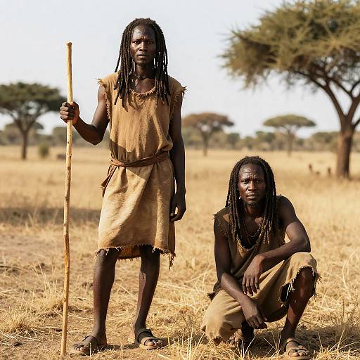 Dreadlocked Men in Savanna Landscape
