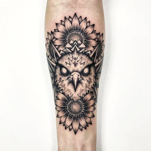 Black and gray tattoo of an intense owl face surrounded by intricate sunflower-like patterns, centered on a forearm. Realistic, detailed, and symmetrical