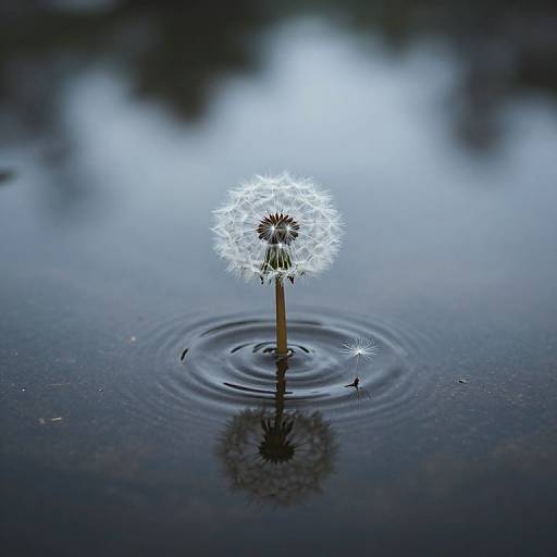 Photograph of a glowing white dandelion seed head emerging from dark, rippling water, creating a reflective mirror image.