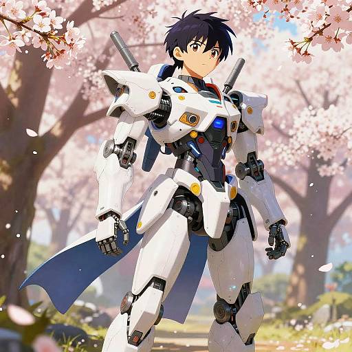 Anime-style drawing of a black-haired boy in white, blue-accented mecha armor standing under cherry blossoms. Bright sunlight, petals falling,