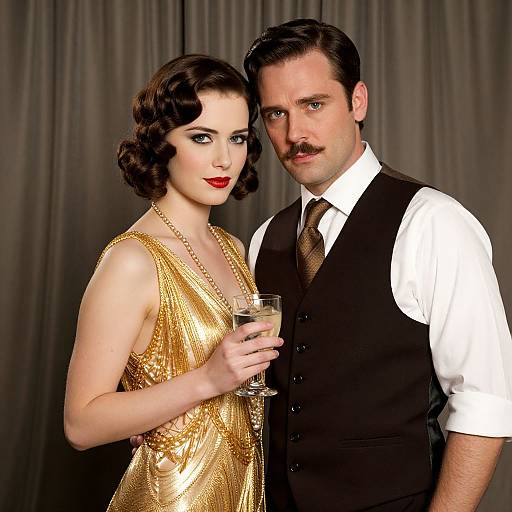 Photograph of a fair-skinned woman with curled brown hair, red lipstick, gold sequin dress, holding a glass, beside a fair-skinned