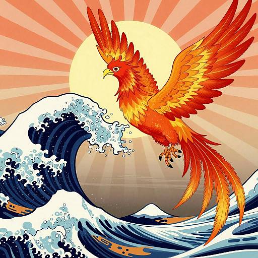 Phoenix Flying Over Ukiyo-e Ocean Waves