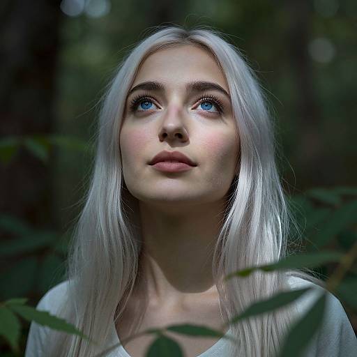 Photorealistic portrait of a young woman with long, silver-white hair, blue eyes, and fair skin, gazing upward in a dark, forest
