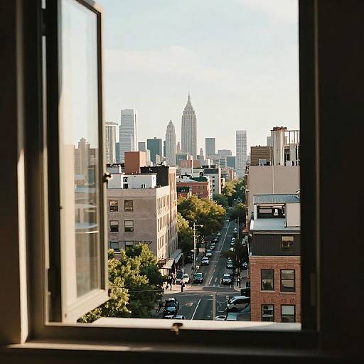 Photograph of New York City skyline viewed through an open window, showing urban buildings, cars on the street, and the Empire State Building in the distance