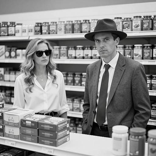Vintage Grocery Store Scene in Black-and-White