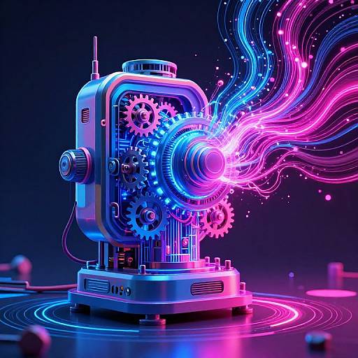 Neon-lit, futuristic robotic machine with glowing blue and pink gears and wires, emitting vibrant, wavy energy against a dark background. Digital CGI