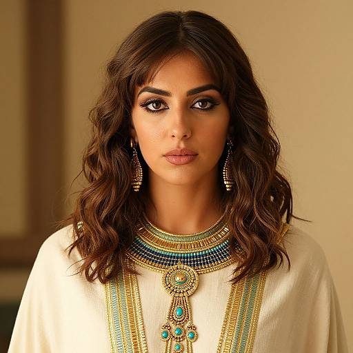 Photograph of a young South Asian woman with wavy dark brown hair, wearing an ornate gold and turquoise necklace, matching earrings, and a cream