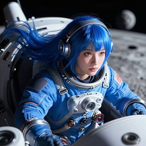 Blue Spacesuit Girl in Space Vehicle