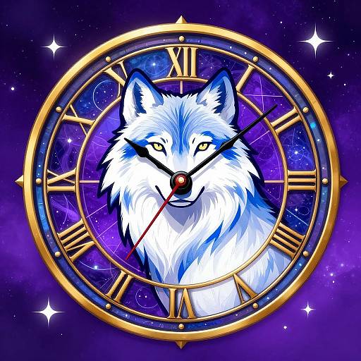 Digital illustration of a white wolf with blue accents, yellow eyes, and a red nose, framed within a golden Roman numeral clock against a purple, star
