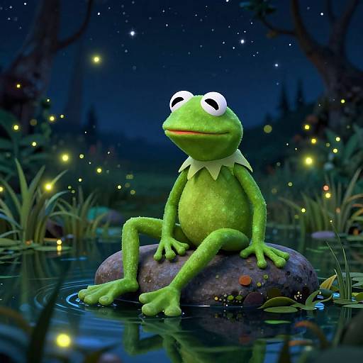 CGI image of green frog-like character with white eyes sitting on a rock in a glowing, starry night pond with fireflies.