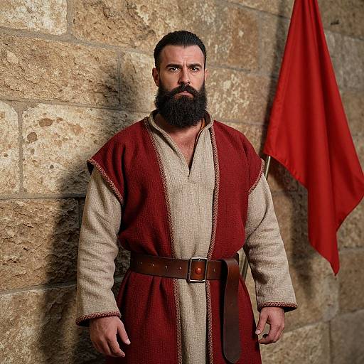 Photograph of a muscular, bearded man with dark hair, wearing a red and beige medieval tunic, standing against a stone wall with a red