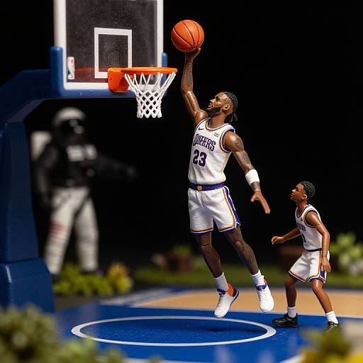Photorealistic digital image: Tall Black male basketball player in white uniform #23, mid-air dunk, smaller Black male player in white uniform watches,