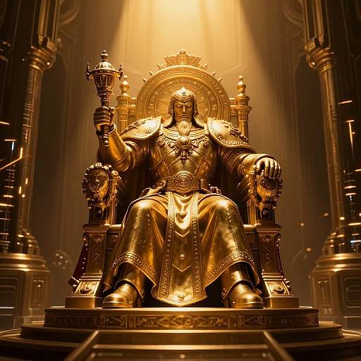 Gilded statue of a regal figure seated on an ornate throne, holding a scepter and shield, illuminated by a spotlight.
