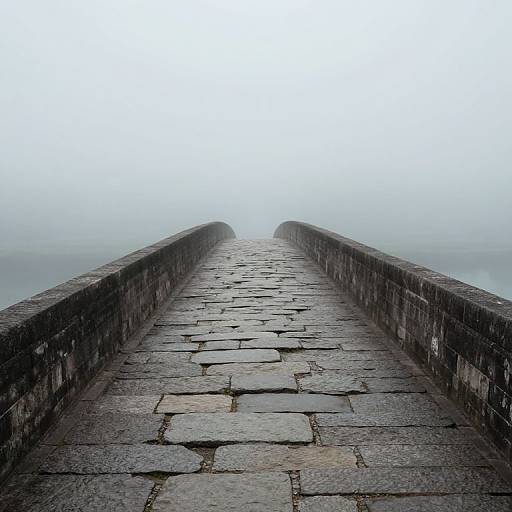 Photograph of a foggy stone bridge extending into a misty, white horizon, with dark, weathered stone slabs and brick sides.
