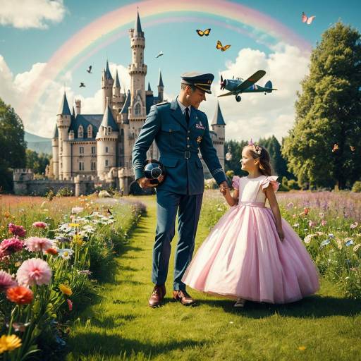 Aviator and Girl in Pink Dress at Castle Garden
